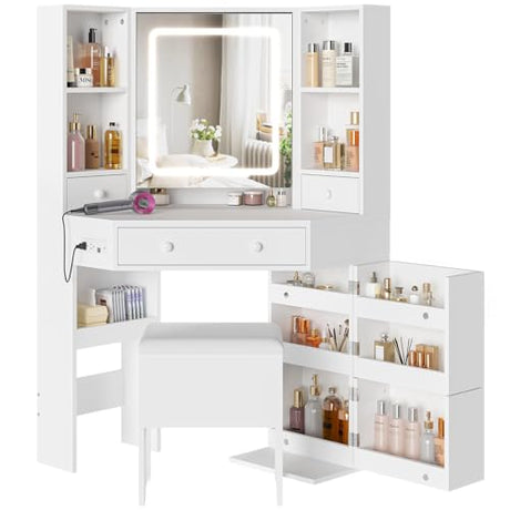 BTHFST Corner Vanity Desk with Lights and Charging Station, Makeup Vanity with Lights, Vanity Set with Mirror and Storage Stool, Makeup Table with Drawers, Rotating Shelves, White BTHFST