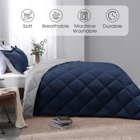 Basic Beyond Queen Comforter Set - Navy Blue Comforter Set Queen Size, Reversible Bed Comforter Queen Set for All Seasons, Navy/Grey, 1 Comforter (88"x92") and 2 Pillow Shams (20"x26"+2") Basic Beyond