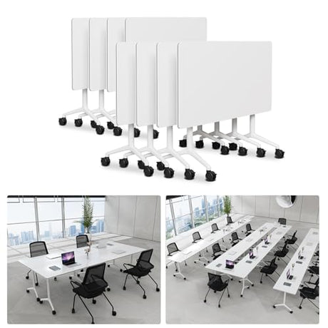 Usosidam Office Folding Conference Room Table,6 Pack Portable Mobile Conference Table with Large Wheels Foldable Modular Training Tables for Classroom Meetings Boardroom Events White55.2，6 Usosidam