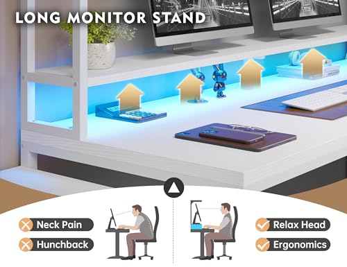 EnHomee Computer Desk with Drawers 66" Reversible Gaming Computer Desk with LED Light & Power Outlets White L Shaped Gaming Desk with Monitor Stand & Shelves Home Office Desks for Gaming Room - WoodArtSupply