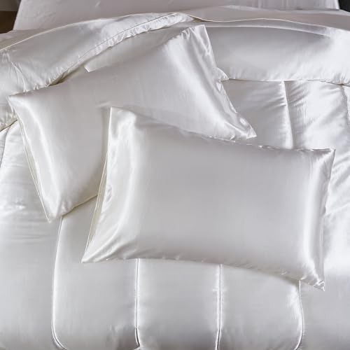 Bedding_Dreamer Silk Like White Comforter Set with Sheet Set King Size 8 Pieces Satin Bedding Set Silky Bed-in-a-Bag Luxury Hotel Soft Silky Comforter Set with 1 Cushion Cover Vegan Silky Bed Set Bedding_Dreamer