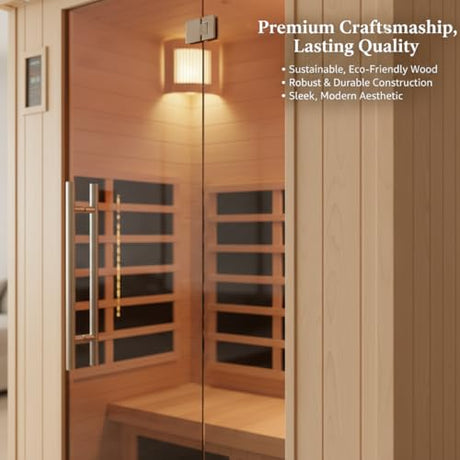 2-Person Infrared Sauna, Indoor Home Sauna Room Hemlock Wood Sauna Low EMF Far Infrared Heating with Tempered Glass Door Bluetooth Speakers, Chromotherapy Lights for Family（110V, 1850W）Truck delivery DWKWE