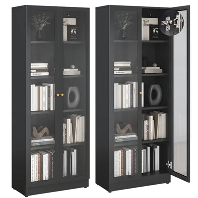 IRONMIX Metal Black Bookshelf with Doors, Tall Bookshelf with 4 Adjustable Shelves, 70.87" H Modern Curio Cabinet for Collectibles, Cabinet Display Case for Home Office, Living Room, School, Library