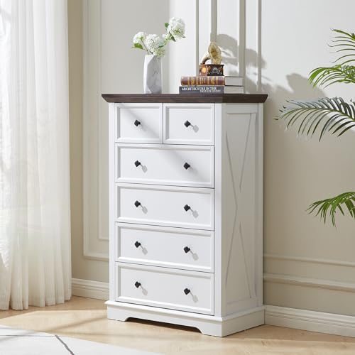 LDTTCUK 6 Drawer Dresser, Farmhouse Dresser Chest of Drawer for Bedroom, 48 Inch Tall Dresser, Wood Storage Chest of Drawers Storage Cabinet for Living Room, Entryway, Hallway, White LDTTCUK