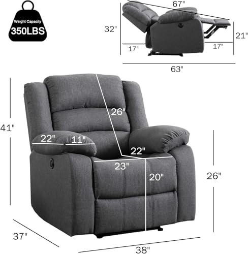 CANMOV Power Recliner Chair for Adults, Oversized Electric Recliner with Soft Cushion and Back, Upholstered Soft Fabric Reclining Chair for Living Room, Bedroom, Grey