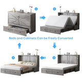 Mjkone Queen Size Murphy Bed with USB Charging Station, Farmhouse Murphy Cabinet with Tri-Folding Memory Foam Mattress, Modern Cabinet Beds with Large Storage Drawers for Living Room Home Office, Gray Mjkone