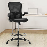 OLYFING Ergonomic Drafting Chair, Standing Desk Chair with Lumbar Support Tall Office Chair with Flip-Up Arms Footrest Ring, Breathable Mesh High Desk Chair with PU Leather Seat Cushion, Black OLYFING