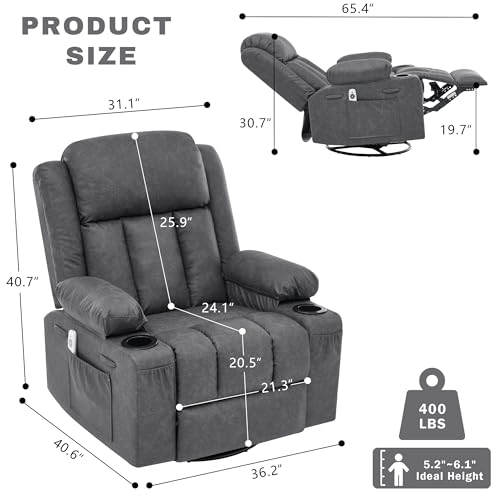 GAOHAPY Rocker Recliner Chair with Heat and Massage,360°Swivel Nursery Recliner Chair for Adults,Modern PU Leather Recliner Single Sofa Seat with 2 Cup Holders and Side Pocket (Grey)