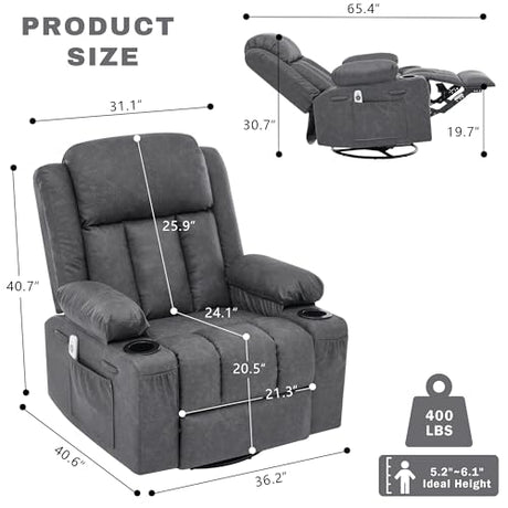 GAOHAPY Rocker Recliner Chair with Heat and Massage,360°Swivel Nursery Recliner Chair for Adults,Modern PU Leather Recliner Single Sofa Seat with 2 Cup Holders and Side Pocket (Grey) GAOHAPY