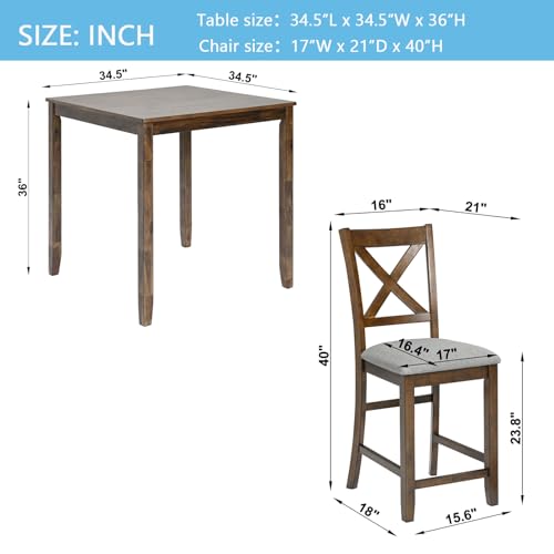 KEIKI 5-Piece Counter Height Dining Table Set with Square Table and 4 Upholstered X-Shaped Backrset Chair, for 4 Person, Modern Style Wooden Table Set, Easy Assembly, for Kitchen, Dining Room, Walnut KEIKI