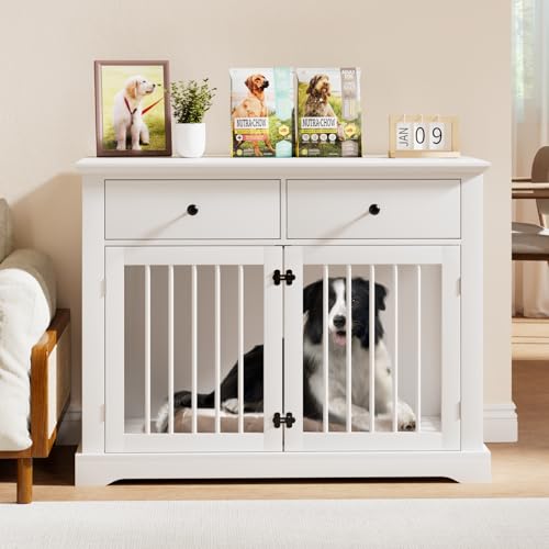 PUKAMI 44inch Large Dog Crate Furniture with Drawers, Wooden Dog Kennel Furniture for Indoor use, White End Table Dog House, for Small/Medium/Large Dog PUKAMI