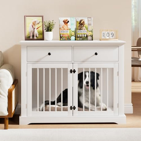 PUKAMI 44inch Large Dog Crate Furniture with Drawers, Wooden Dog Kennel Furniture for Indoor use, White End Table Dog House, for Small/Medium/Large Dog PUKAMI