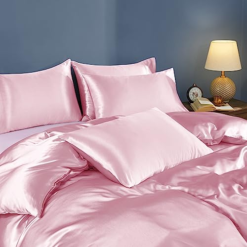 Horbaunal 5 Pieces Satin Duvet Cover Set Queen/Full Size Blush Pink Duvet Cover with Corner Ties & Zipper Closure, Luxury & Silky Bedding Set, 1 Duvet Cover and 4 Pillowcases (No Comforter) Horbaunal