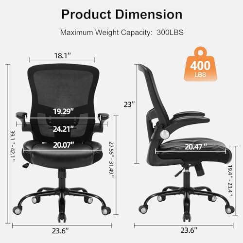 Ergonomic Office Chair, PU Leather Ergonomic Desk Chair with Mesh Back Adjustable Lumbar Support Home Gmaing Desk Chair with Wheels and Flip-Up Armrests, 360°Swivel, Tilt Lock and Wide Cushion-400LBS ZLHECTO