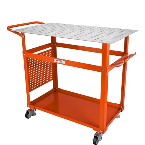 VEVOR Welding Table Moveable 36"x24", Welding Workbench Table 600lbs on Wheels, Portable Work Bench with Double-Layer Storage Board and 11 Hooks - WoodArtSupply