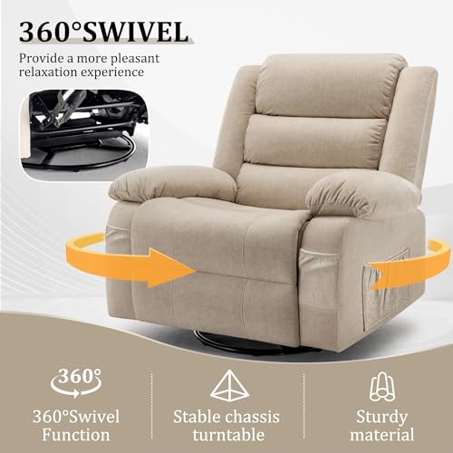 Korser Recliner Chair, Wide Rocker Chair, Rocking Chair with Massage and Heat,360°Swivel Nursery Rocking Chairs, Oversized Recliner for Adults, Cashmere Reclining Sofa for Living Room, Khaki