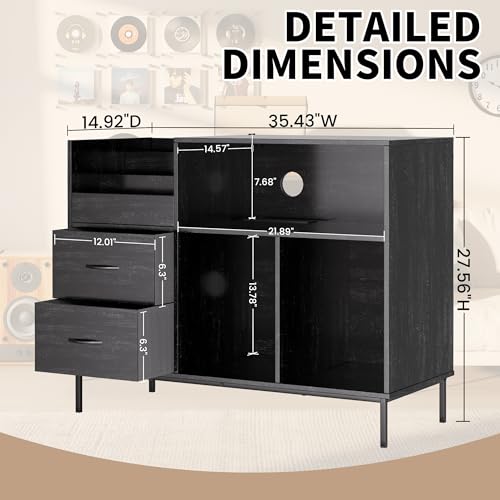 BIZOEIRON Record Player Stand with Flip-Top & Drawers, Vinyl Storage Cabinet with Outlet, Wood Media Console Table for Vinyl Records Storage, Assembly Required, Black BIZOEIRON