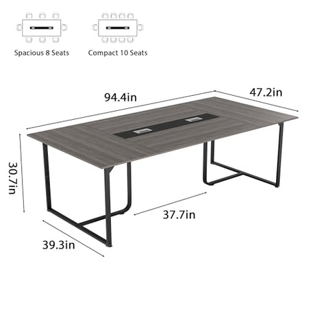 Zethvax 8FT Conference Table,Conference Room Table with Grommet,Stable Structure,Adjustable Foot Pads,Large Seminar Table for Office Meeting 94.4 L x 47.2 W x30.7 H (Gray) Zethvax