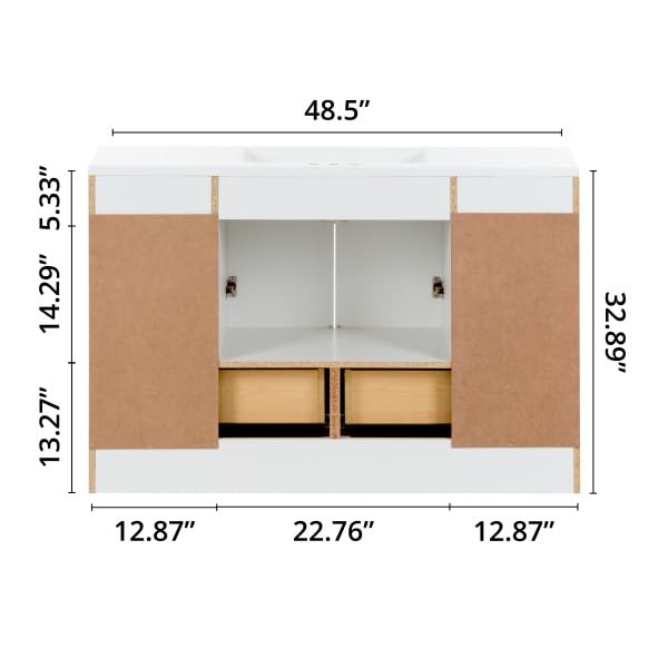 Spring Mill Cabinets Emlyn 48 Inch Bathroom Vanity with White Single Sink Top, 3 Cabinets, 2 Shelves, 2 Drawers, 48.5" W x 18.75" D x 32.89" H, White