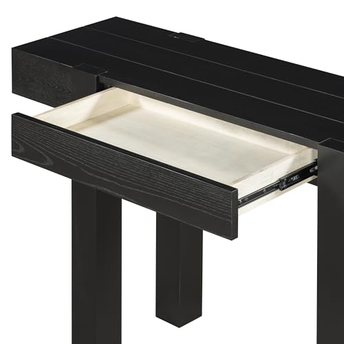 Aiuyesuo Rustic Minimalist Console Table with Hidden Drawer, Wood Entryway Table with Side Power Outlet for Entryway, Living Room and Home Office (Black-X210) Aiuyesuo