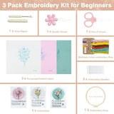 RidaaFri Embroidery Kit for Beginners, Set of 3 Flower Pattern DIY Kits for Adults & Starter, Hand Embroidery Practice Set with Guide & Video Tutorial, Includes Hoop, Needles, Floss