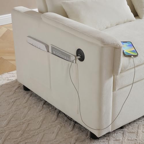 Convertible Loveseat Pull Out Sleeper Sofabed Futon Loveseat Lounge Couch for Living Room 3 in 1 Multi-Functional Pullout Sofa Bed with Reclining Backrest , USB Ports and Side Pockets for Home Office Eafurn