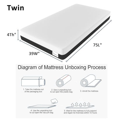 LIYIH 4 Inch Twin Mattress, Memory Foam Mattress, Twin Size Mattresses, Children’s Rooms Mattress,This Mattress has Almost no Odor,CertiPUR-US Certified【2024 New Version】