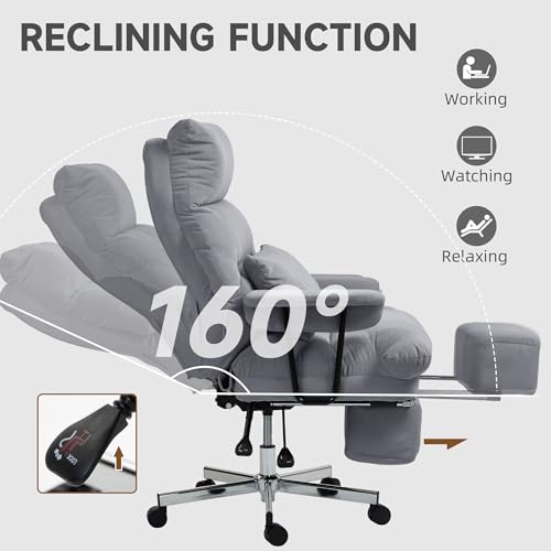 HOMCOM Large Overstuffed Office Chair with Lumbar Support, High Back Reclining Executive Corduroy Computer Desk Chair with Footrest, Swivel Wheels, Gray HOMCOM