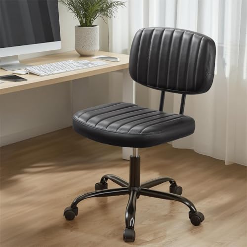 Sweetcrispy Small Office Desk Chair - Armless PU Leather with Comfy Lumbar Support, Height Adjustable Rolling Swivel Task for No Arms, for Adult, Student, Bedroom, Home, Vanity, Black Sweetcrispy