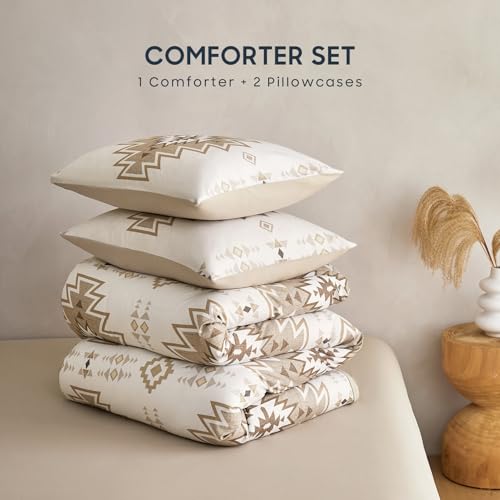 Wake In Cloud - Western Comforter Set, Boho Southwestern Rustic Farmhouse Style with Aztec Geometric Block Pattern, Soft Lightweight Bedding, 3 Pieces, Taupe Beige, Queen Size Wake In Cloud