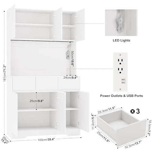 71'' Pantry Cabinet with LED Light & Charging Station, Tall Freestanding Kitchen Storage Cabinet with Microwave Stand, Modern Hutch with Drawers & Open Countertop for Dining Room, Living Room, White NUNU LAB