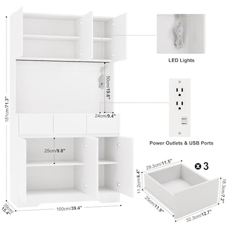 71'' Pantry Cabinet with LED Light & Charging Station, Tall Freestanding Kitchen Storage Cabinet with Microwave Stand, Modern Hutch with Drawers & Open Countertop for Dining Room, Living Room, White NUNU LAB
