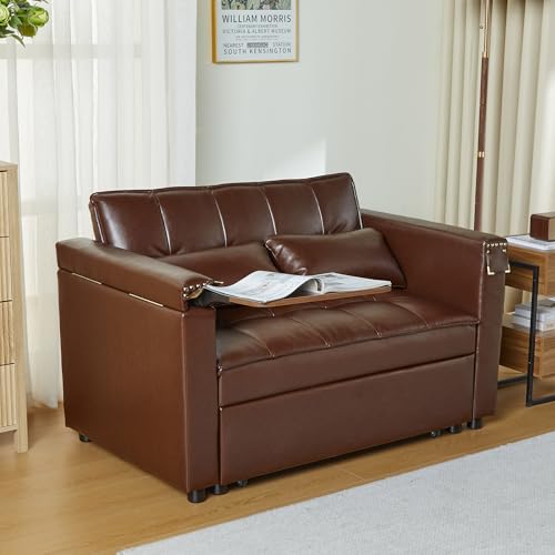 weselon Leather Convertible 3 in 1 Sleeper Sofa Bed, Small Upholstered Loveseat Pull Out Couch, Multi-Functional Sleeper Futon with Hidden Table and Adjustable Backrest for Living Room (Brown) weselon