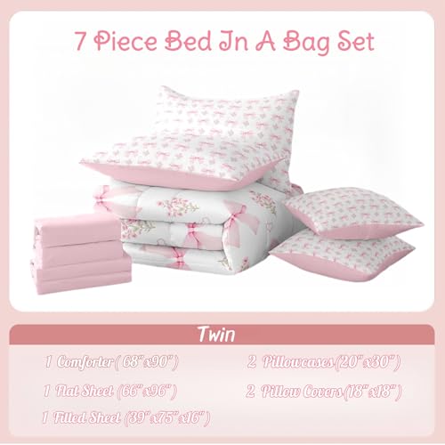 Erosebridal Bow 7 Piece Comforter Set Twin Bed in a Bag for Girls Kids,Girly Pink Floral Coquette Bedding Sets for Child Bow Ribbon Heart Shaped Quilt Dreamy Princess Style Sheet Set with Comforter Erosebridal