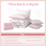Erosebridal Bow 7 Piece Comforter Set Twin Bed in a Bag for Girls Kids,Girly Pink Floral Coquette Bedding Sets for Child Bow Ribbon Heart Shaped Quilt Dreamy Princess Style Sheet Set with Comforter Erosebridal