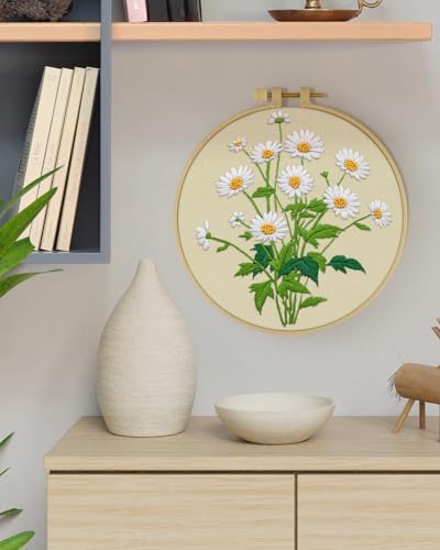 ERKOON Embroidery Kit for Beginners, Flower Cross Stitch Set Include Embroidery Cloth Hoops Threads for Craft Lover Hand Stitch with Embroidery Skill Techniques (Daisy) ERKOON