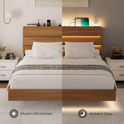 Feonase Floating Bed Frame Queen with Led Lights and Charging Station, Wood Full Size Bed Frame with Storage Headboard, Heavy Duty Metal Slats, No Box Spring Needed, Easy Assembly,Walnut Feonase