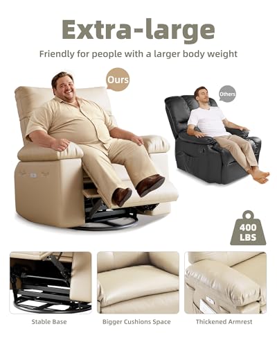 Swivel Rocker Recliner Chair, Massage Recliner Chair with Heat, 360° Swivel PU Leather Manual Recliner for Adults, Long Sitting Fatigue Relief and Shoulder Neck Relaxation, Beige BouPower