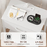 Vagusicc White Nightstand with Charging Station, End Table with Fabric Drawer, Small Side Table with 2-Tier Storage Shelves, 25.4" Tall Bedside Table, White Night Stand for Bedroom, Living Room, Dorm Vagusicc