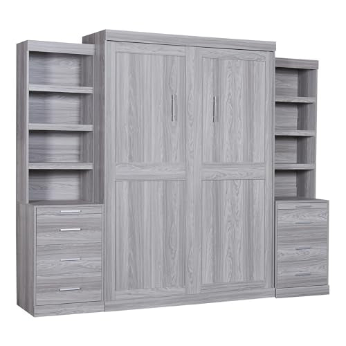 Merax Full Size Murphy Bed with Storage Shelves and Drawers, Full Size Murphy Bed Cabinet, Wood Wall Hidden Beds for Teens or Adults, No Box Spring Needed, Gray Merax