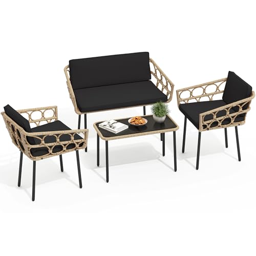 YITAHOME 4 Pieces Patio Furniture Set, Wicker Outdoor Bistro Set, All-Weather Rattan Conversation Set with Loveseat Chairs Table Cushions for Backyard, Pool, Deck, Garden – Black - WoodArtSupply