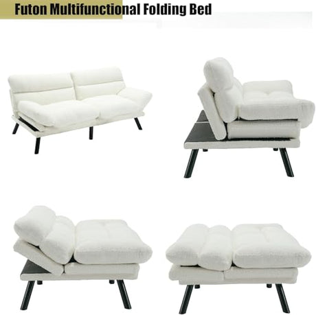 White Modern Teddy Velvet Convertible Folding Futon Couch Sofa Bed Adjustable Pillow Top Arm Memory Foam Couch Double Love Seat Sofa for Compact Space, Dorm, Apartment, Bedroom Loveseat (White) Gustonhon