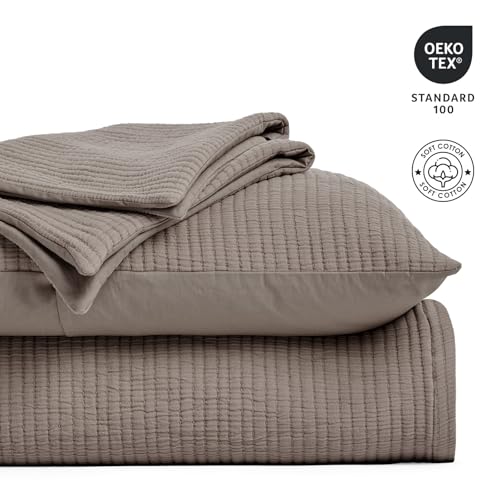 EVERGRACEHOME Cotton Gauze King Bedspread, Ultra Soft Prewashed Pick Stitch Matelassé Coverlet, Lightweight Textured Oversized King Quilt Bedding Set for All Season, with 2 Shams, Mocha Brown EVERGRACEHOME