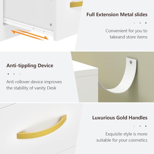 Vanity Desk with Mirror and Lights, White Makeup Vanity Table with 360° Roating Shelves, Large Vanity Desk with 7 Drawers, Power Outlet, Dressing Table Set with Lighted Mirror Adjustable, for Bedroom Aiguazi