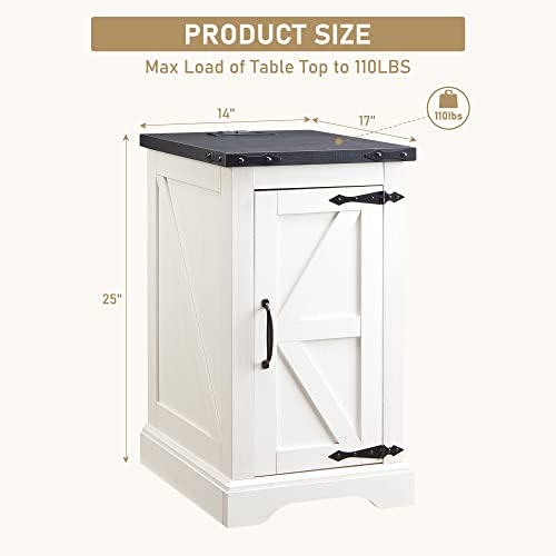 JXQTLINGMU Nightstand with Charging Station, Rectangular Farmhouse End Table with Barn Door and Adjustable Storage Shelf, 17" Deep Wood Rustic Sofa Side Table for Living Room, Bedroom, White JXQTLINGMU