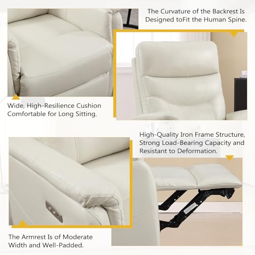 CANMOV Power Recliner Chair for Adults, Genuine Leather Reclining Chair with Overstuffed Arm and Back, Electric Single Reclining Sofa with USB Charging Ports for Living Room Nursery, Bedroom(White)