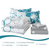 Anibedding Teal Floral Comforter Set Queen Size 7 Piece, Teal Blue Flower Bed in a Bag, Elegant Botanical Floral Comforter Soft Microfiber Complete Bedding Set for All Season, (Teal, 90"x90") Anibedding