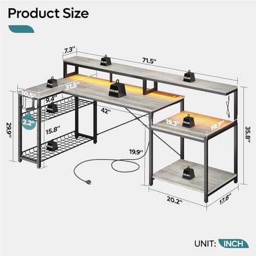 Bestier 71.5 inch Computer Desk with Power Outlets, LED Home Office Desk with Long Monitor Stand, Large Corner Desk with Storage Shelf, Cup Holder & Headset Hooks L Shaped Desk - WoodArtSupply