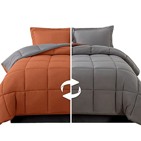 Elegant Comfort 3-Piece Reversible Comforter Set, All Season Cozy, Soft Down Alternative, Quilted - Box Stitched - Duvet Insert with 4 Corner Tabs, Comforter with Shams, Twin, Coral/Gray Elegant Comfort