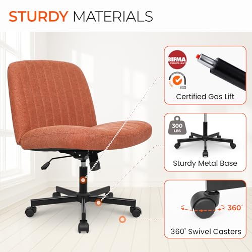 Orange Factory Criss Cross Chair Wheels Wide Cross Legged Office Desk Vanity Chair Comfy Fabric Armless Adjustable Swivel for Home Computer Task (Brown) Orange Factory